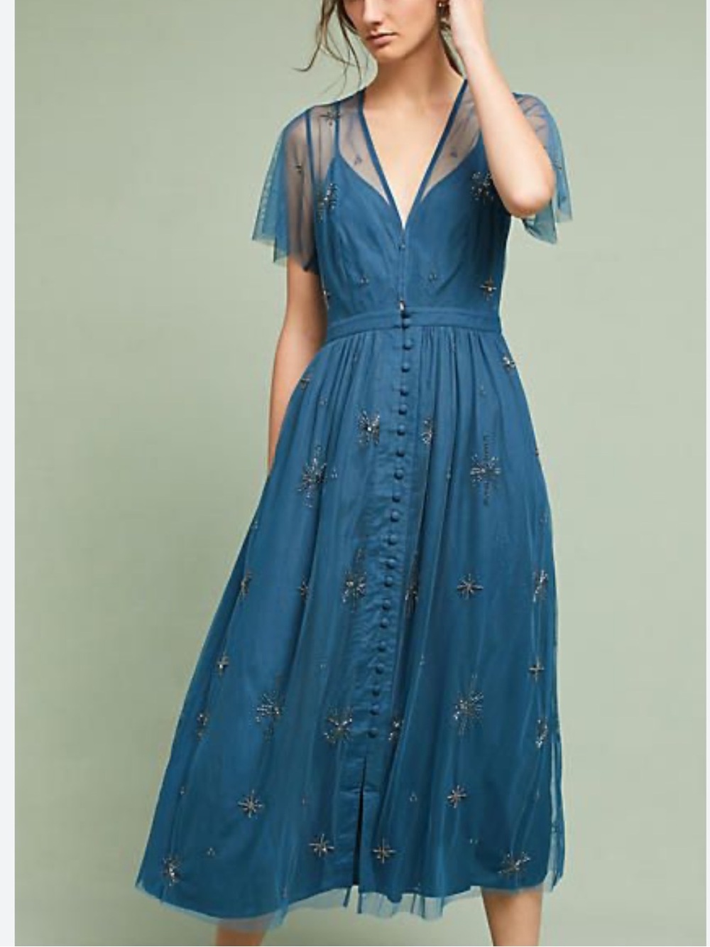 CHAN LUU Blue Beaded Sheer Mesh Overlay Midi Dress XS
